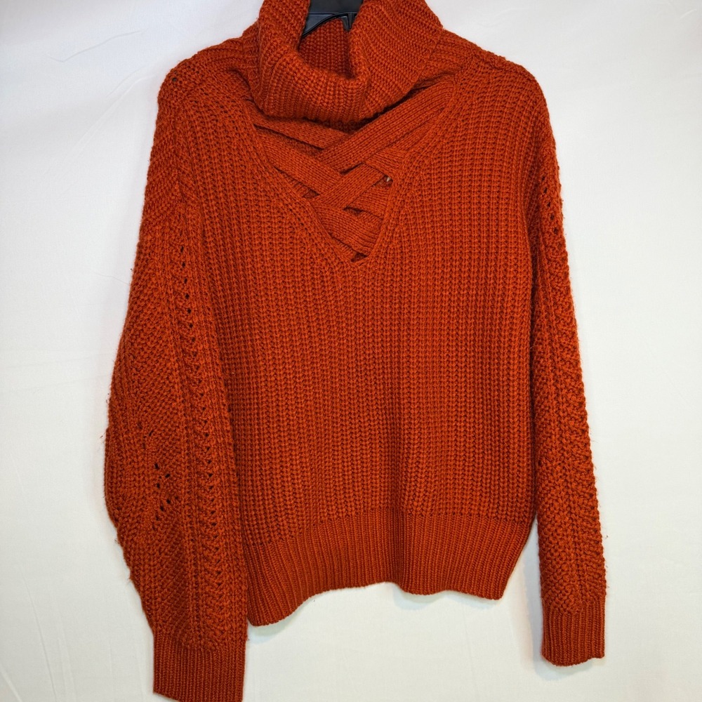 Skies Are Blue Rust Orange Cowl Neck Lattice Strappy Chunky Knit Sweater XS